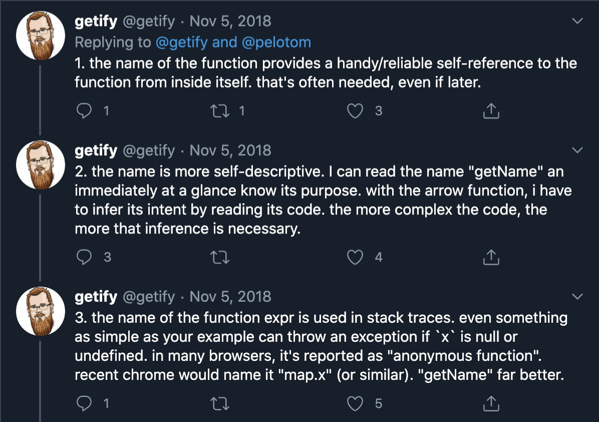 Getify explaining why you should name functions - Twitter Screenshot